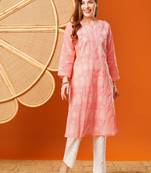 Hand embroidered peach cotton lucknowi chikankari straight kurta