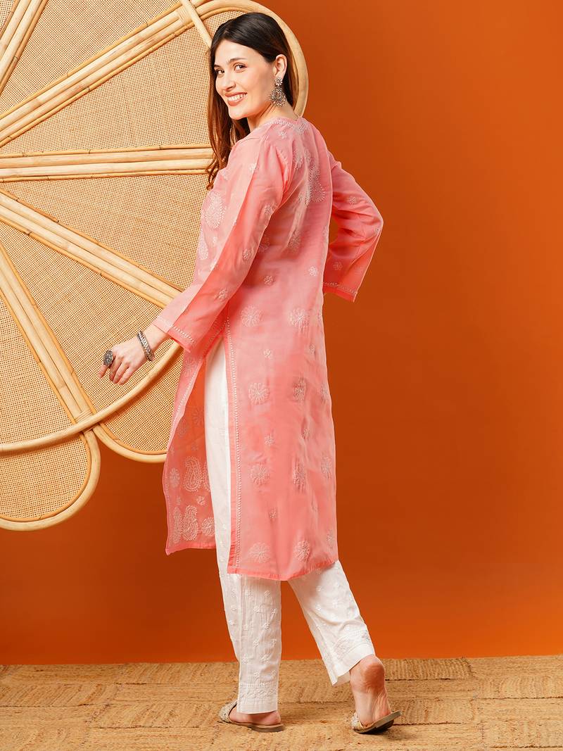 Hand embroidered peach cotton lucknowi chikankari straight kurta