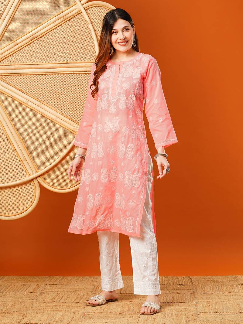 Hand embroidered peach cotton lucknowi chikankari straight kurta