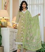 pure cotton green anarkali kurta dupatta set with lacework