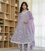 lavender pure cotton anarkali kurta dupatta set with lacework