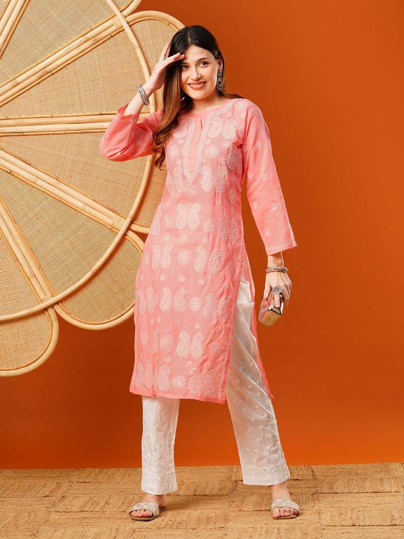 Hand embroidered peach cotton lucknowi chikankari straight kurta