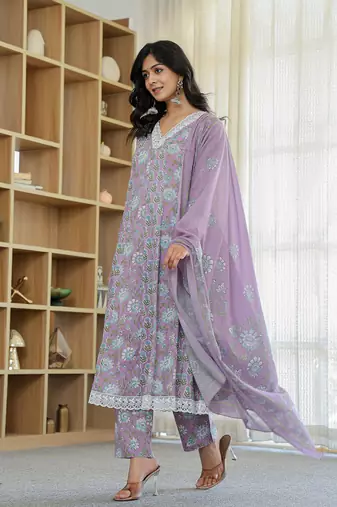 lavender pure cotton anarkali kurta dupatta set with lacework