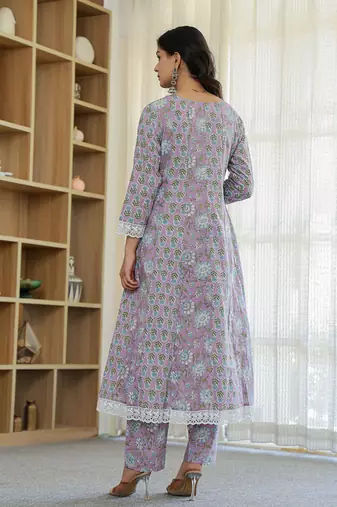 lavender pure cotton anarkali kurta dupatta set with lacework