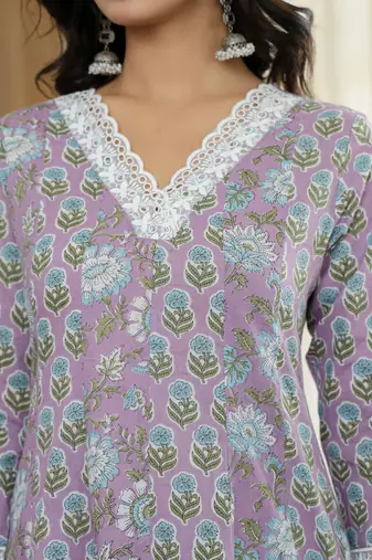 lavender pure cotton anarkali kurta dupatta set with lacework