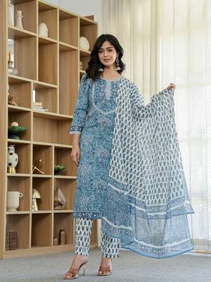 sky blue pure cotton straight kurta dupatta set with lacework 1
