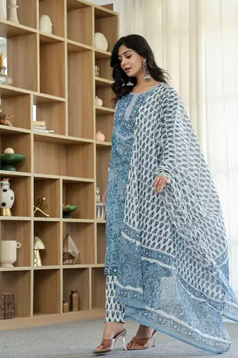 sky blue pure cotton straight kurta dupatta set with lacework