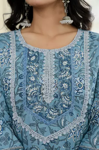 sky blue pure cotton straight kurta dupatta set with lacework