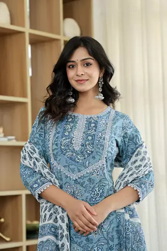 sky blue pure cotton straight kurta dupatta set with lacework