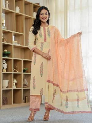 cream cotton straight ethnic motifs kurta dupatta set 1