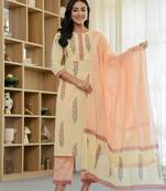 cream cotton straight ethnic motifs kurta dupatta set