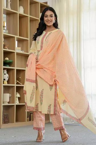 cream cotton straight ethnic motifs kurta dupatta set