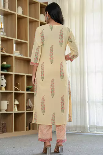 cream cotton straight ethnic motifs kurta dupatta set