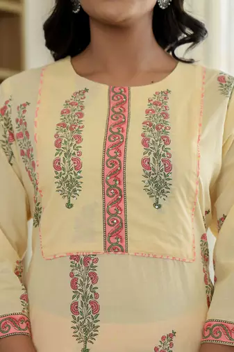 cream cotton straight ethnic motifs kurta dupatta set