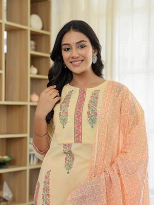 cream cotton straight ethnic motifs kurta dupatta set 5