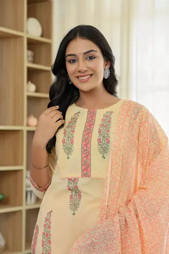 cream cotton straight ethnic motifs kurta dupatta set