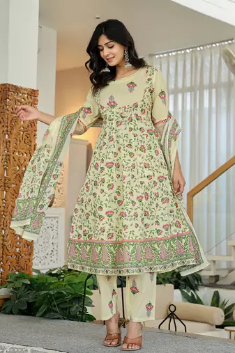 yellow cotton kalidaar kurta dupatta set