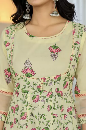 yellow cotton kalidaar kurta dupatta set