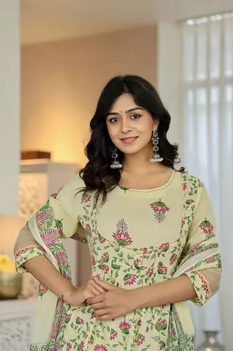 yellow cotton kalidaar kurta dupatta set