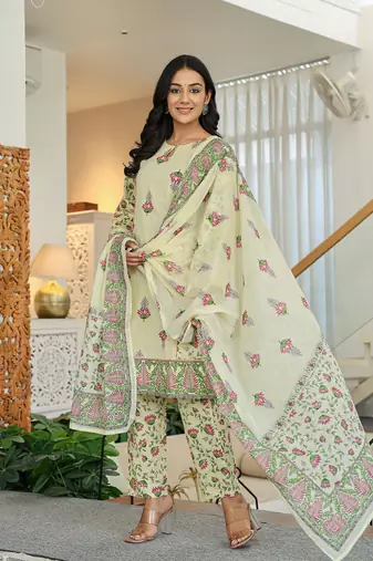 yellow cotton a line kurta dupatta set