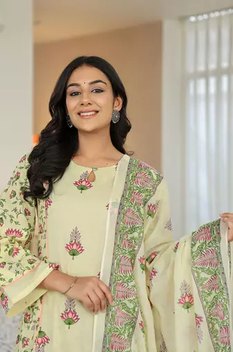 yellow cotton a line kurta dupatta set