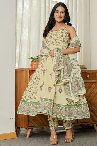 yellow cotton straight sleeveless strappy kurta dupatta set