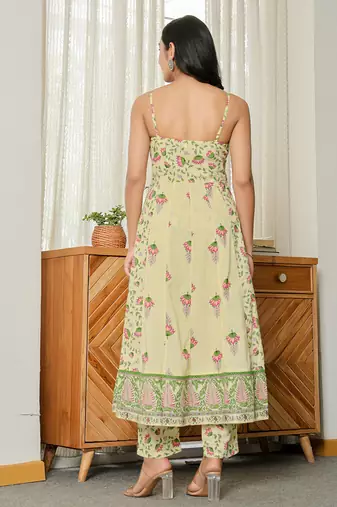 yellow cotton straight sleeveless strappy kurta dupatta set