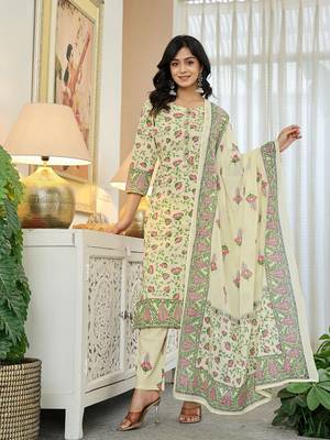yellow cotton straight floral print kurta dupatta set 1