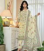 yellow cotton straight floral print kurta dupatta set
