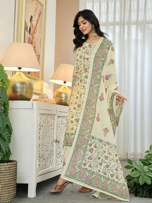 yellow cotton straight floral print kurta dupatta set 2