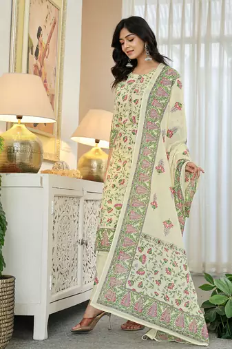 yellow cotton straight floral print kurta dupatta set
