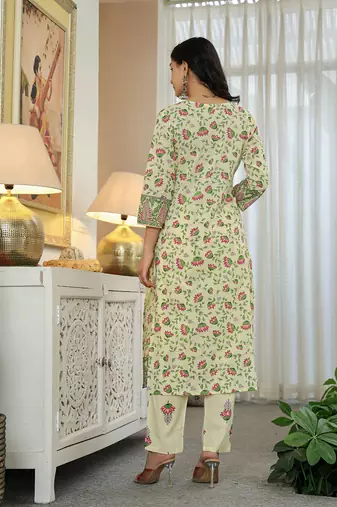 yellow cotton straight floral print kurta dupatta set