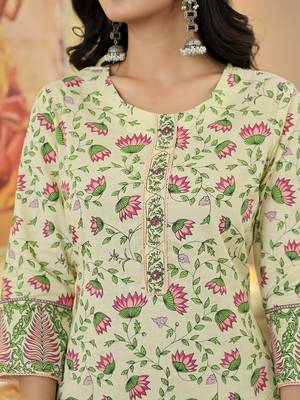 yellow cotton straight floral print kurta dupatta set 4
