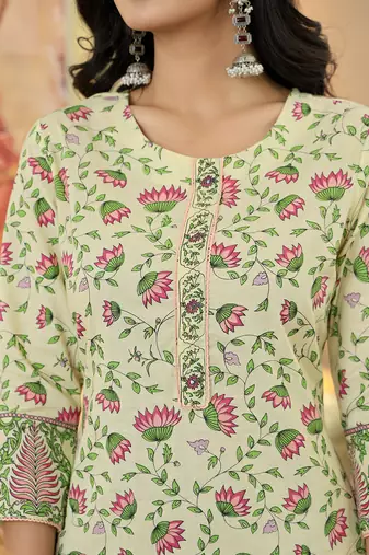 yellow cotton straight floral print kurta dupatta set