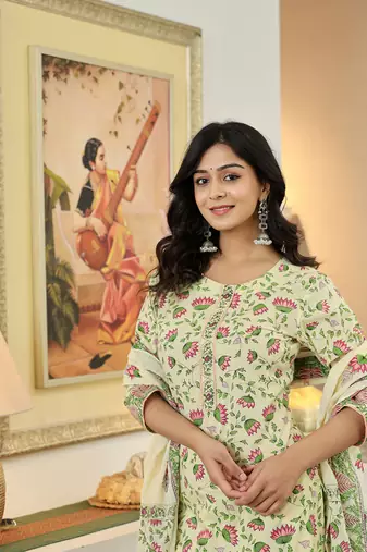 yellow cotton straight floral print kurta dupatta set