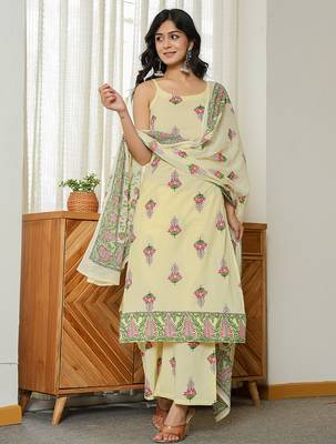 yellow pure cotton sleeveless strappy anarkali kurta dupatta set 1