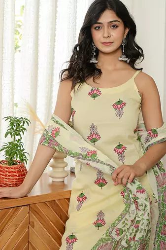 yellow pure cotton sleeveless strappy anarkali kurta dupatta set