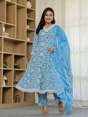 pure cotton blue anarkali kurta dupatta set with lacework 1