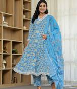 pure cotton blue anarkali kurta dupatta set with lacework