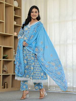 pure cotton blue anarkali kurta dupatta set with lacework 2