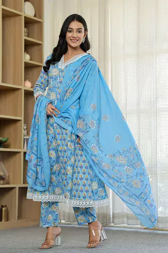 pure cotton blue anarkali kurta dupatta set with lacework