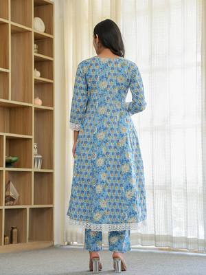 pure cotton blue anarkali kurta dupatta set with lacework 3