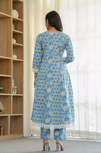 pure cotton blue anarkali kurta dupatta set with lacework
