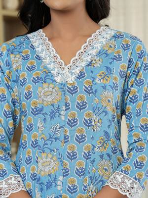 pure cotton blue anarkali kurta dupatta set with lacework 4