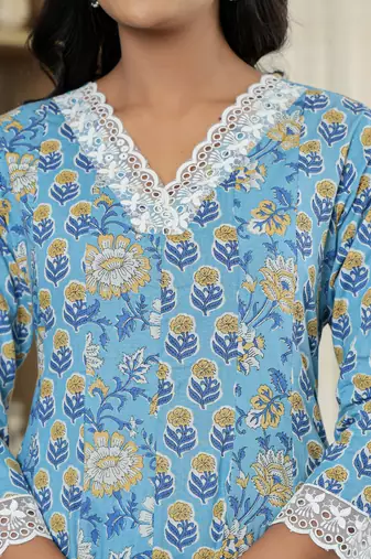 pure cotton blue anarkali kurta dupatta set with lacework