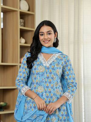 pure cotton blue anarkali kurta dupatta set with lacework 5