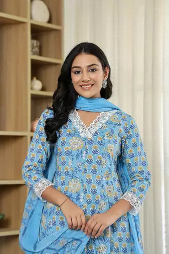 pure cotton blue anarkali kurta dupatta set with lacework