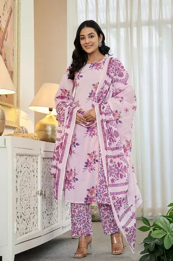 lavender cotton a line  dupatta set with lacework