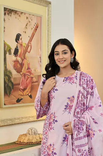 lavender cotton a line  dupatta set with lacework