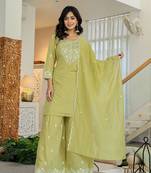 green embroidered kurti dupatta set with lining